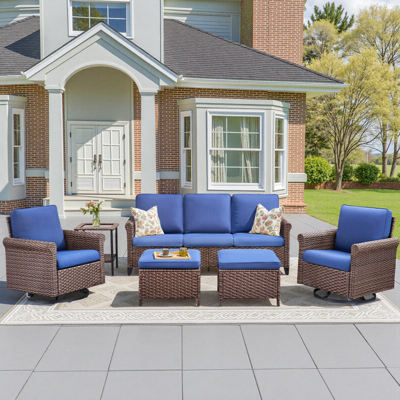 Tullia Wicker 5 - Person Patio Conversation Set with Cushions, Blue