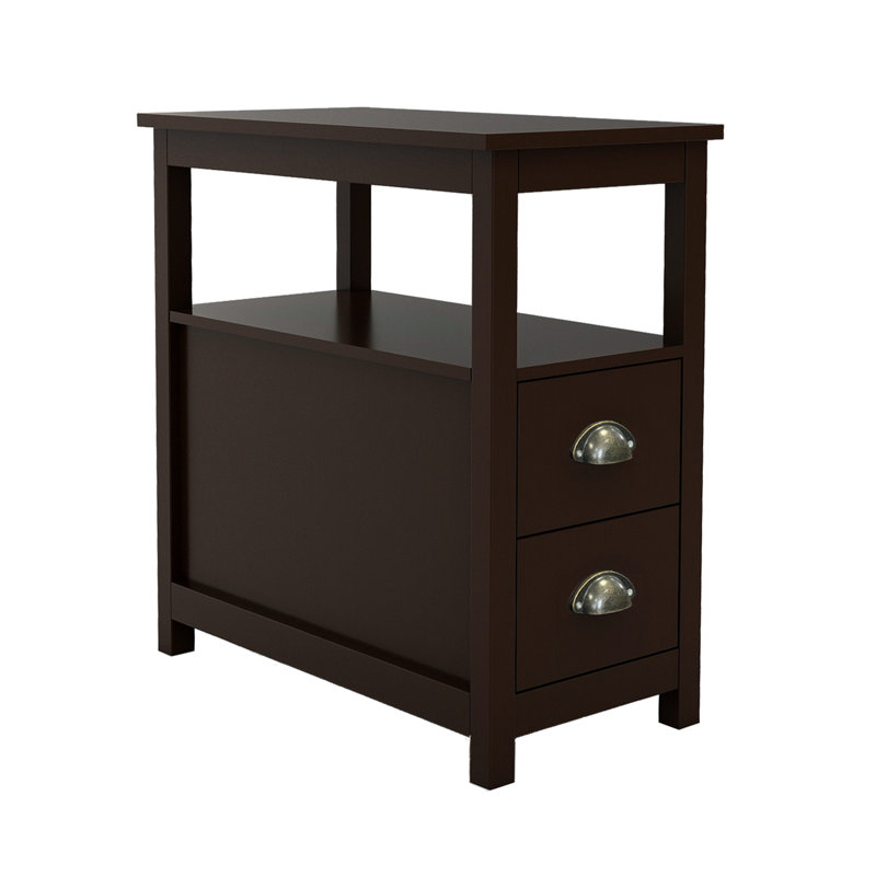 End Table, Narrow Nightstand With 2 Drawers and Open Shelf