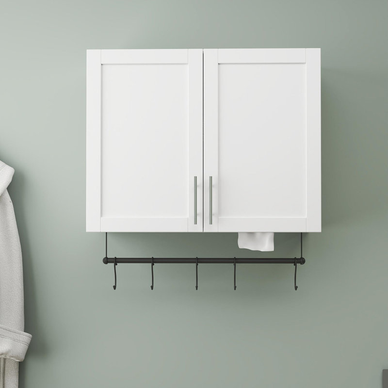 Armoire murale de salle de bain avec tablette réglable, barre à serviettes, 5 crochets, armoire de rangement pour la salle de bain, cuisine, blanc