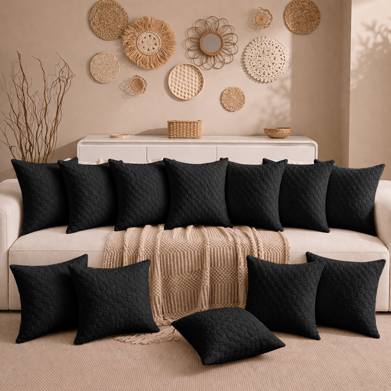 Aspire Homeware Embossed Square Velvet Cushion Covers, Pack of 12, BLACK