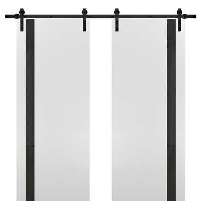 Porte de grange double robuste avec rail Planum 0040 Blanc Soie et vitrage noir, supports de rail de 4 m (13 pi), portes intérieures à panneaux pleins et lourds - 152 cm x 203 cm (60 po x 80 po) (2 x 76 cm x 203 cm) - Rail noir