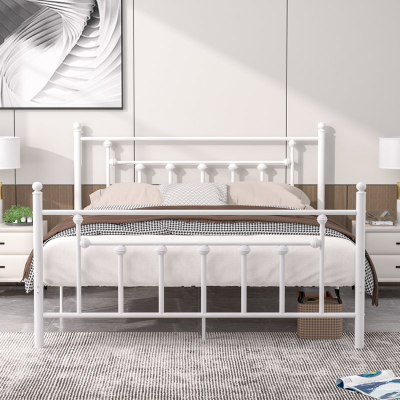 Double Metal Bed Frame with Headboard, White, Double (4'6)