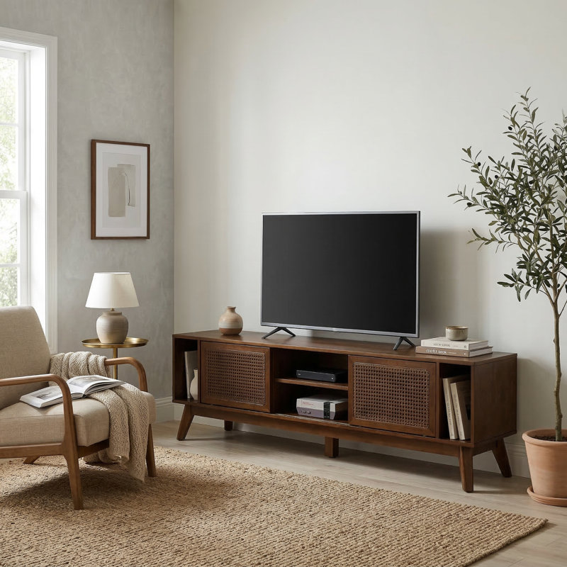 67.9" Mid-century Rattan Tv Stand For Tvs Up To 75" – Media Console With Sliding Doors & Solid Wood Legs, Walnut