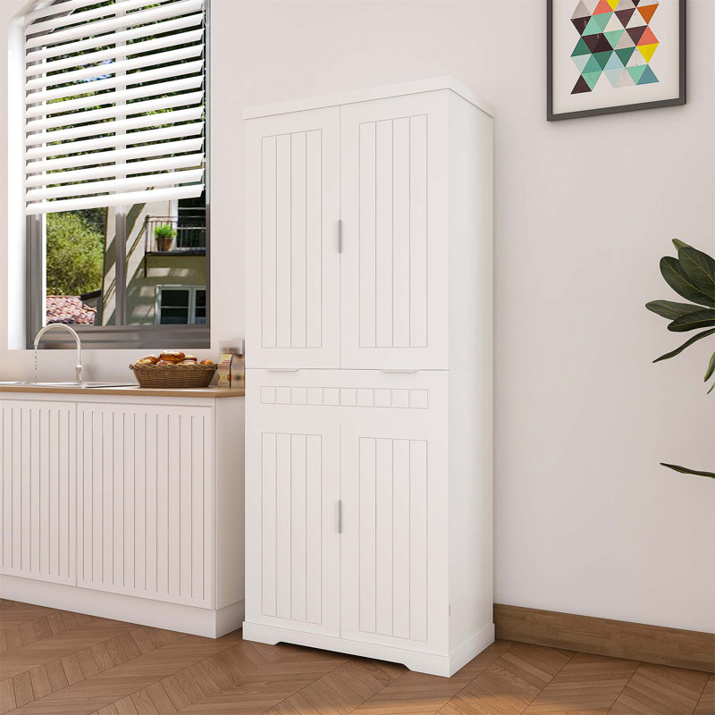 Buffet blanc durable avec 3 tiroirs et 2 compartiments de rangement, parfait pour l'organisation de la cuisine et de la salle à manger.