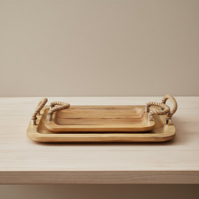 Rectangle Wood Tray with Rope Handles, Rustic Wooden Serving Tray with Handles
