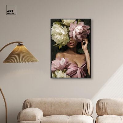 «Lady and the Flowers I», reproduction d'art sur toile par Art Remedy, cadre blanc, 10 x 15