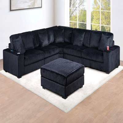 Contemporary Style 6-Pc Modular Sectional Sofa Set Usb Cup Holder Black Finish Corduroy Living Room Furniture Couch
