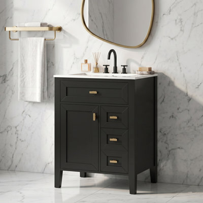 24" Freestanding Bathroom Vanity With Ceramic Sink, Tip-Out Drawer, Cabinet With Door Storage & Gold Hardware