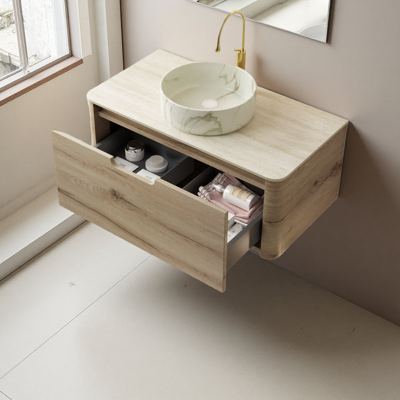 Meuble-lavabo flottant 36 po avec lavabo en céramique à motif de pierre, plateau en pierre frittée à motif de travertin et tiroir de rangement, pré-assemblé