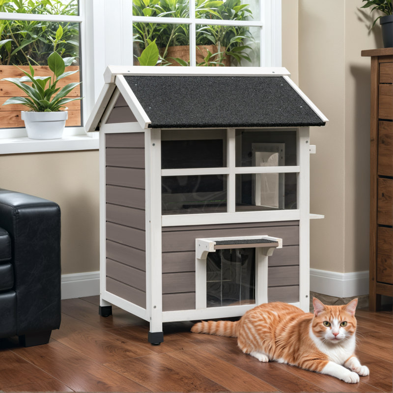 Maison pour chat d'extérieur à deux étages avec porte de secours, Brun