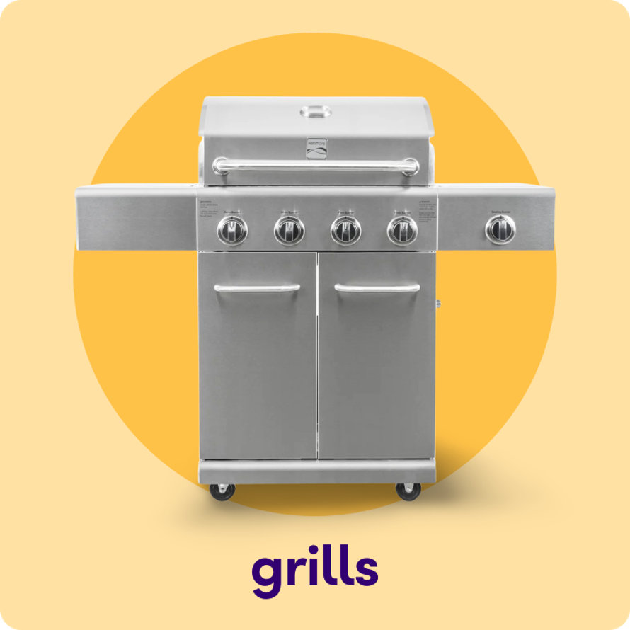 A four-burner stainless steel gas grill with side shelves and a lower storage cabinet on a yellow circular background.