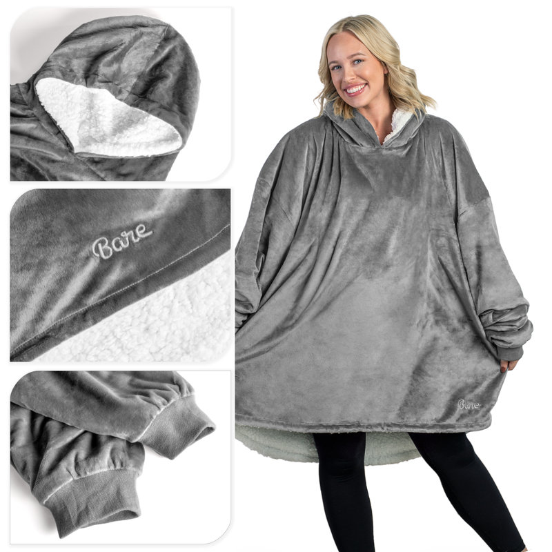 Gray Fleece and Sherpa Hooded Wearable Blanket with Sleeves