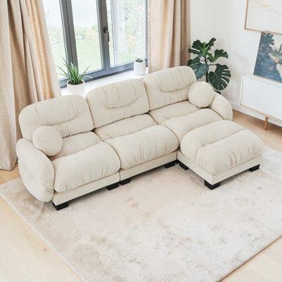 Wilroy Pleated Design Cozy Chenille Fabric 3 Seater Modular Sofa With High-Density Foam Seat,L Shape Sectional Couch With Ottoman,Curved Round Armrests And 2 Round Pillows