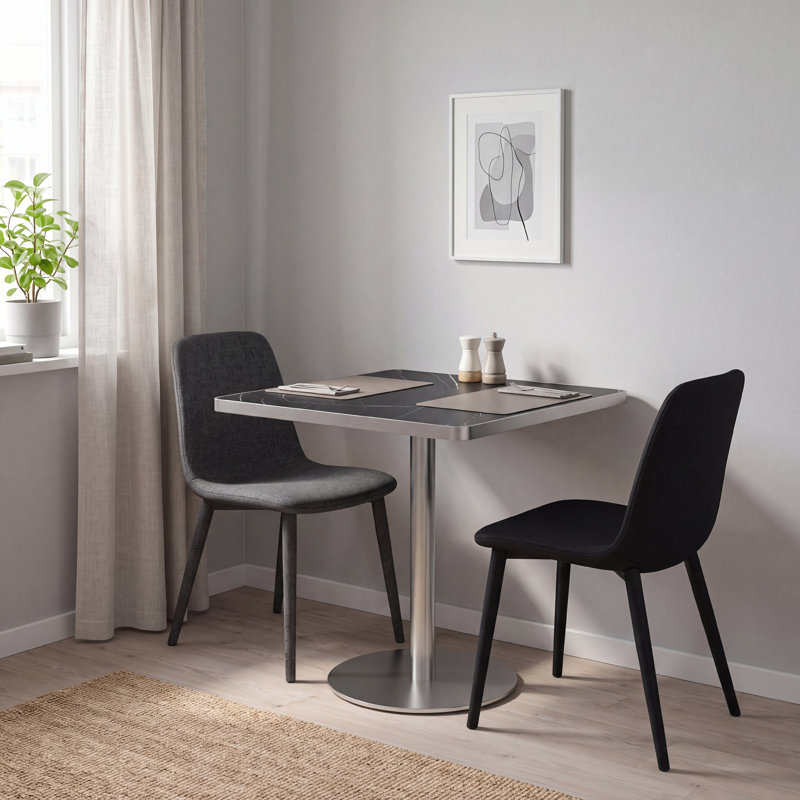 Table de salle à manger carrée en pierre frittée avec base en acier inoxydable, Charcoal Black