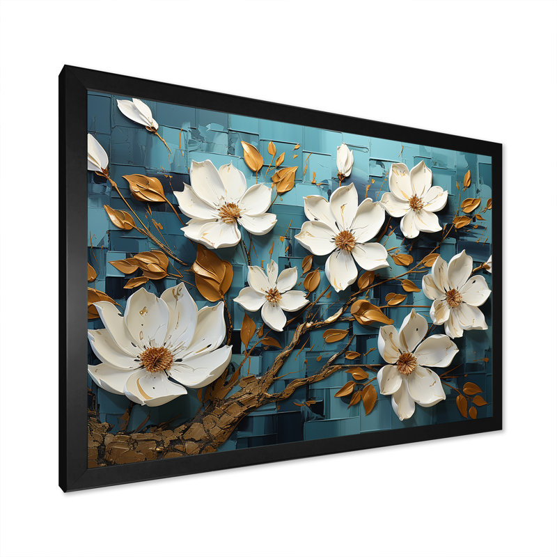 Blanc et bleu, charmante fleur printanière élégance IV - Fleurs, art mural, Cadre d'angle fermé noir