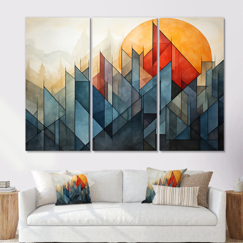 Paysage de montagne abstrait orange et vert - Art abstrait paysage mural, Toile tendue, H 32 po x l 48 po x P 1 po