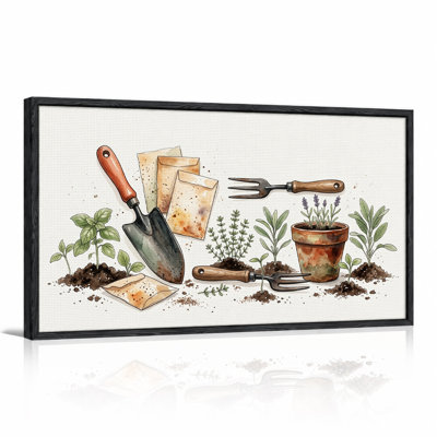 Garden Tools And Seed Packets With Growing Herbs Canvas Wall Art