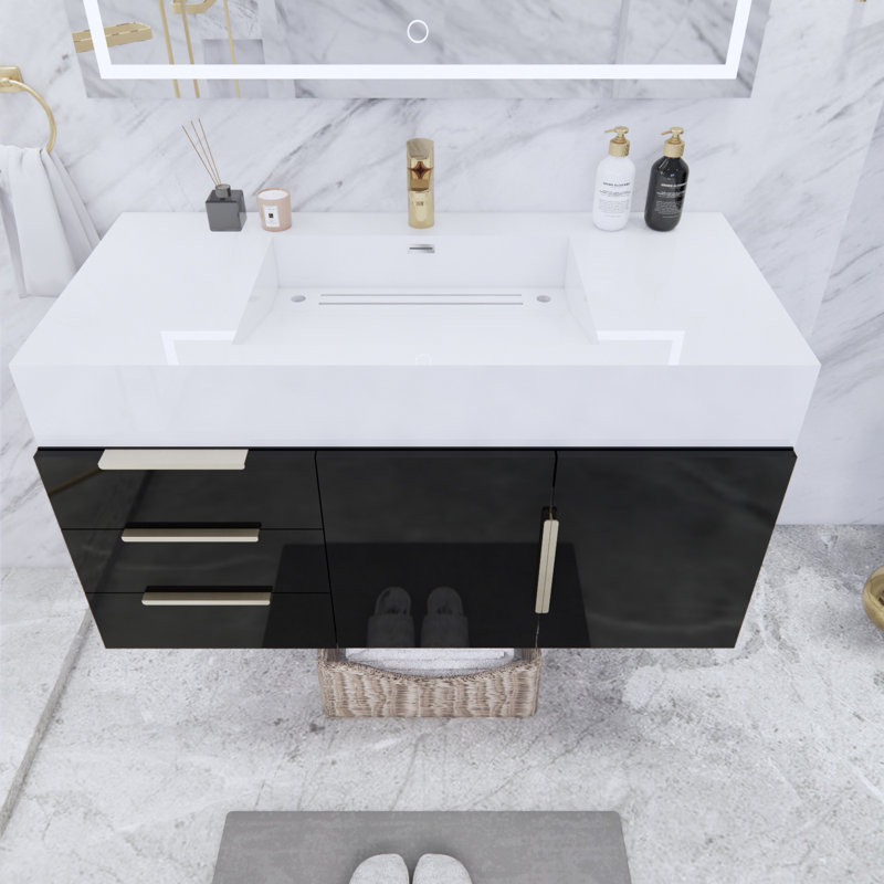 Ensemble de meuble-lavabo simple mural 42 po Glasgow, Noir lustré, Blanc brillant