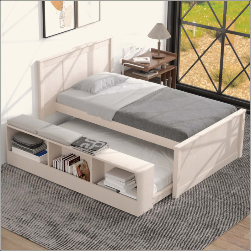 Lit plateforme en bois avec lit gigogne escamotable, armoire de rangement, Twin, Cream White