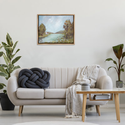 Distant Cottage Across River Floating Frame, design by Amanda Hilburn