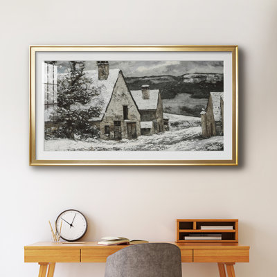 Gravure encadrée représentant un chalet enneigé d'époque, avec passe-partout et verre - Paysage - Série Paysage CMLI, ouverture 16 x 32 cm, cadre doré, dimensions extérieures 19 x 35 cm