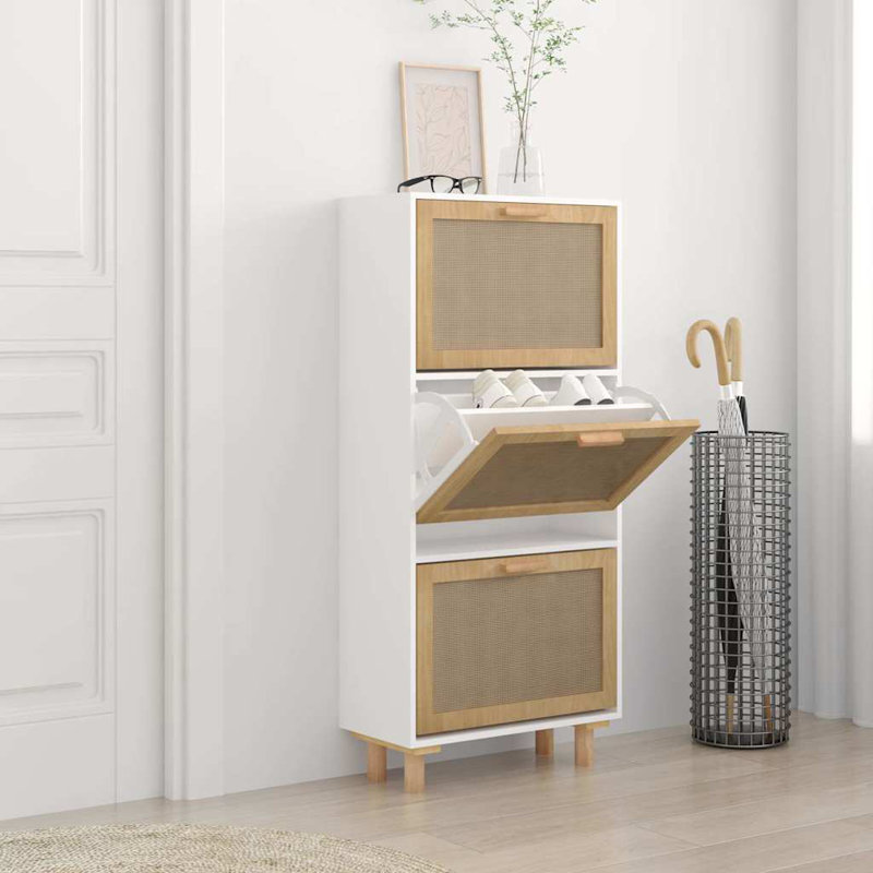 Shoe Cabinet 52x25x115 cm Engineered Wood&Natural Rattan, White