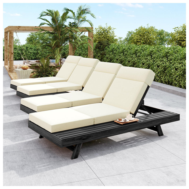 Ensemble de chaises longues en bois d'acacia avec appui-tête et coussins imperméables, beige et noir