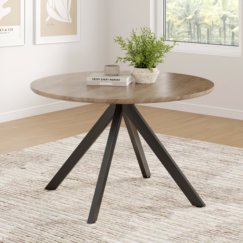 Saveta Round Metal Base Dining Table, Brown Wood, Brown, 47.24" W x 47.24" L