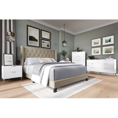Castle Place Contemporary Rustic Full 5-Piece Bedroom Set, Wingback Bed with 2 Nightstands, Dresser and Chest, Gold PU