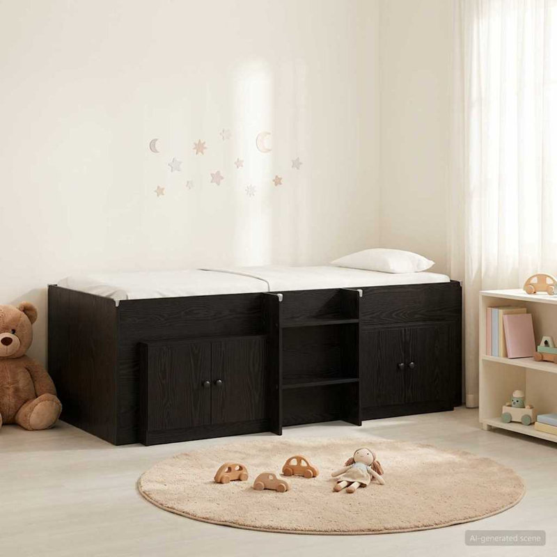  Loft Bed Frame with Cabinet with Storage Engineered Wood Modern Stylish, European Single (90 x 200 cm), Black