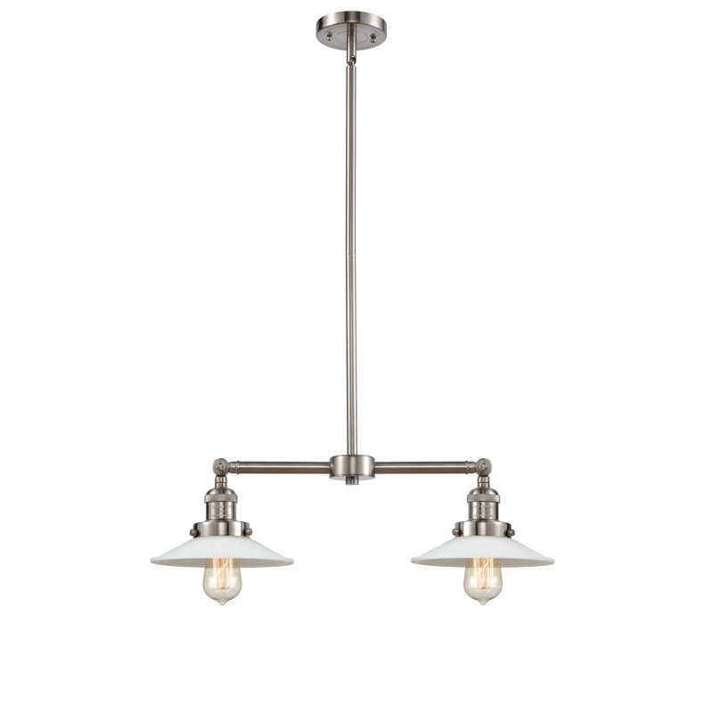 Luminaire suspendu linéaire à 2 lumières pour îlot de cuisine Miramontes, Matte White Halophane, Nickel satiné brossé
