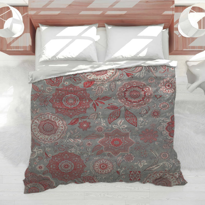 Red Gray Floral Pattern Comforter, Queen