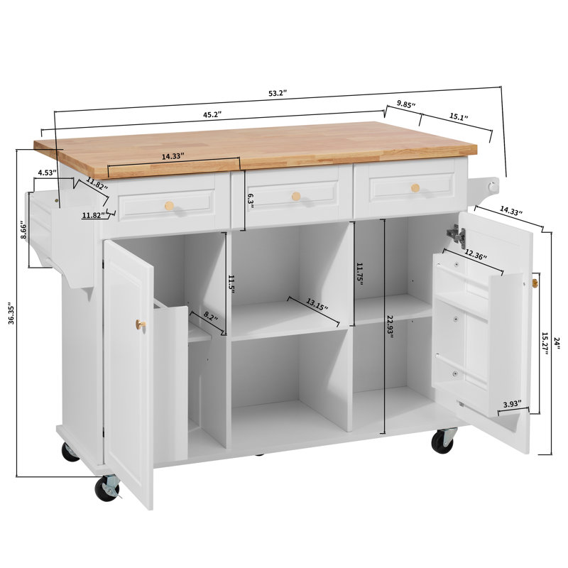 Grand îlot de cuisine à roulettes 53,2 po avec abattant, Blanc