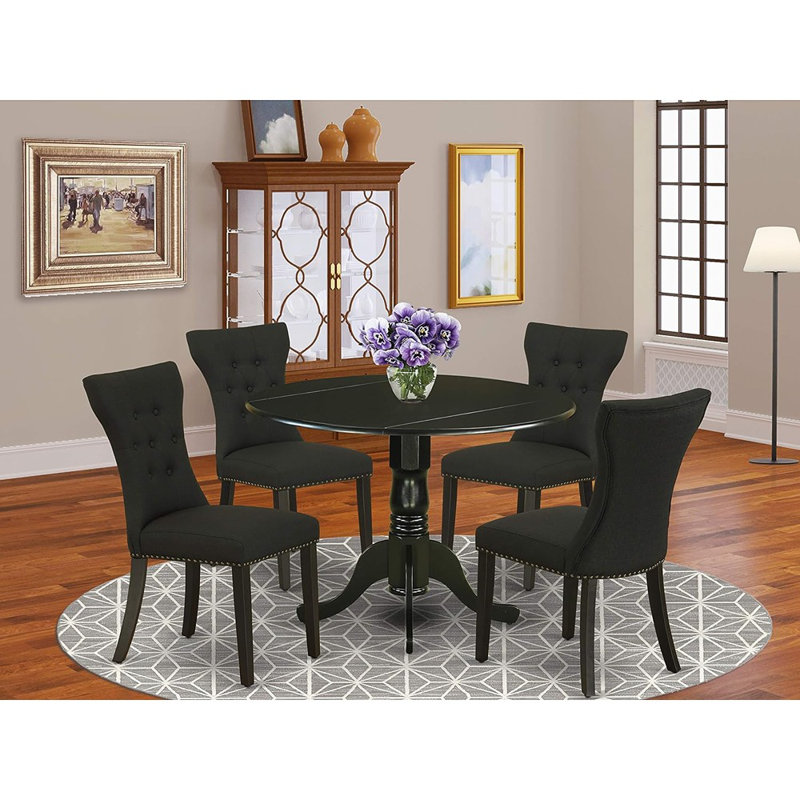 5 Piece Kitchen Table Set for 4 Includes a Round Dining Room Table with Dropleaf and 4 Black Linen Fabric Upholstered Chairs, Black
