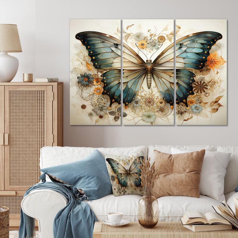 Papillon beige sarcelle, motifs complexes - ensemble d'art mural sur toile animaux, H 28 po x l 36 po x P 1 po