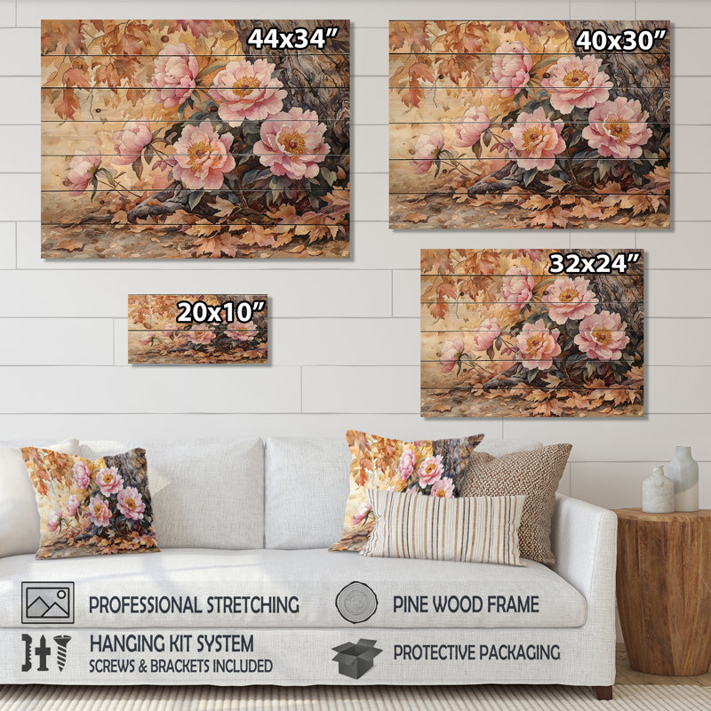 Pivoines par le chêne I - reproduction de bois de pivoines - sur bois de pin naturel, H 10 po x l 20 po