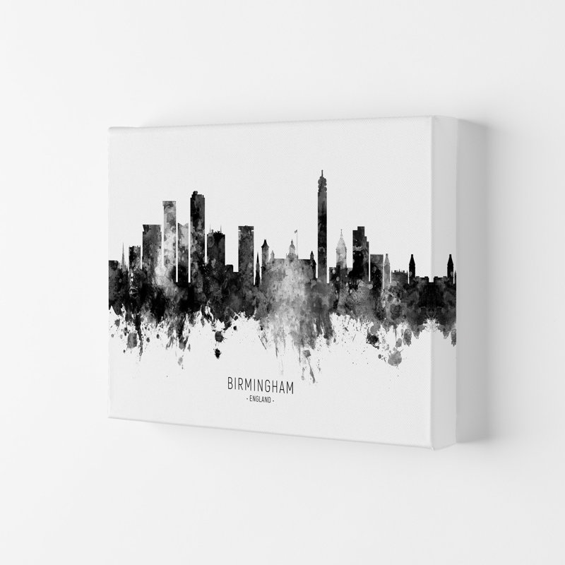 Birmingham England Skyline Black White City Name by Michael Tompsett - Print, 21cm H x 29.7cm W x 4cm D, Wrapped Canvas