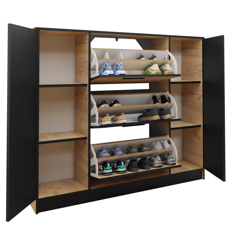 Bertolino 3 Pair Shoe Storage Cabinet, Black/Sonoma Oak