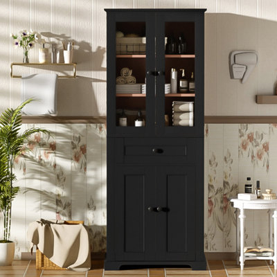 67.2" Tall Bathroom Storage Cabinet With Tempered Glass Doors, Adjustable Shelves & Drawer – Modern Freestanding Linen Tower, Soft-Close Design