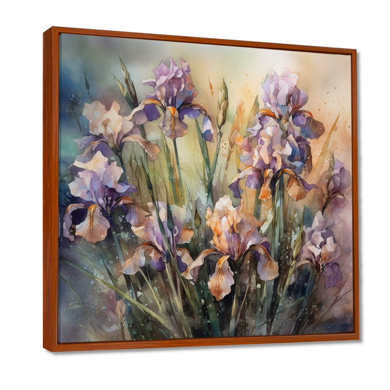 Art mural mauve vert sauvage Iri S II - Iris, H 16 po x l 16 po x P 1 po, Cadre flottant brun