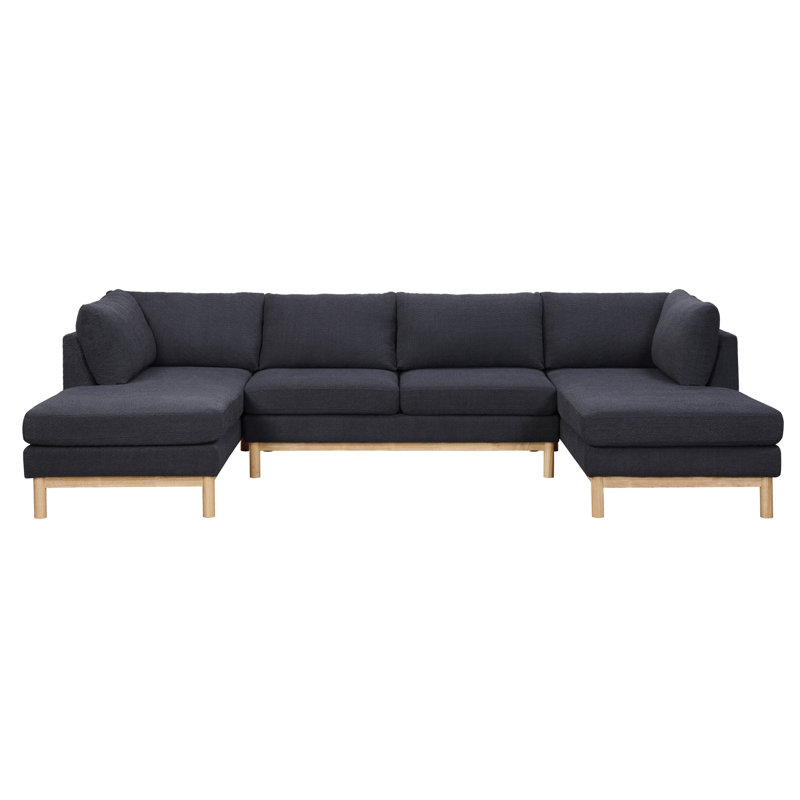 Canapé modulaire confortable en U noir avec méridienne double et bordure en bois