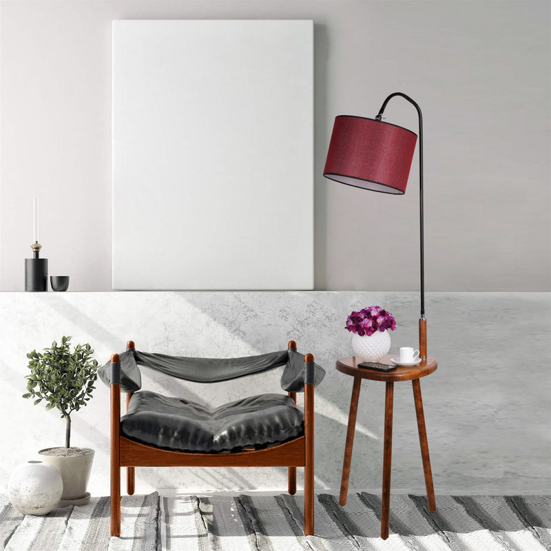 Lampe sur pied élégante avec table en bois, noyer et rouge bordeaux, hauteur de 63,0 po | Table en métal, table 15,0 x 15,0 po | Interrupteur marche / arrêt, douille E27 (40 W maximum) | Parfait pour le salon, la chambre à coucher et le bureau personnel