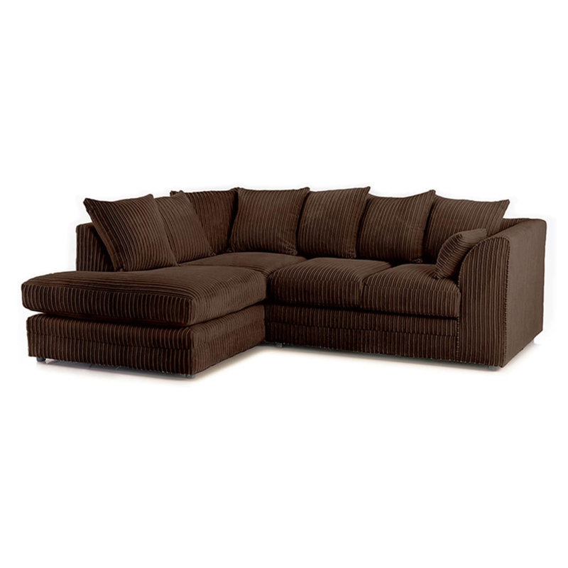 Jumbo Cord Upholstered Corner Sofa Small Back Cushion with Foot Stool , Brown, Left Hand Facing