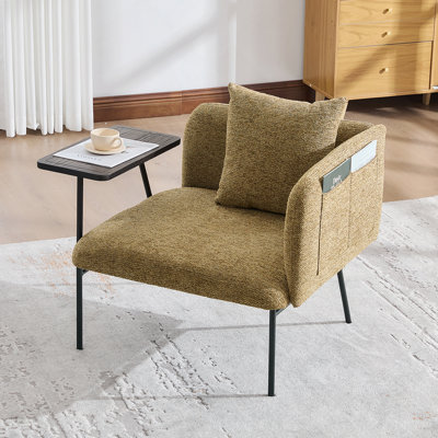 Fauteuil de loisirs, fauteuil de détente avec petite table et coussin de dossier, chaises rembourrées modernes avec pieds en métal et poches latérales, canapé simple pour le salon / la chambre / le jardin