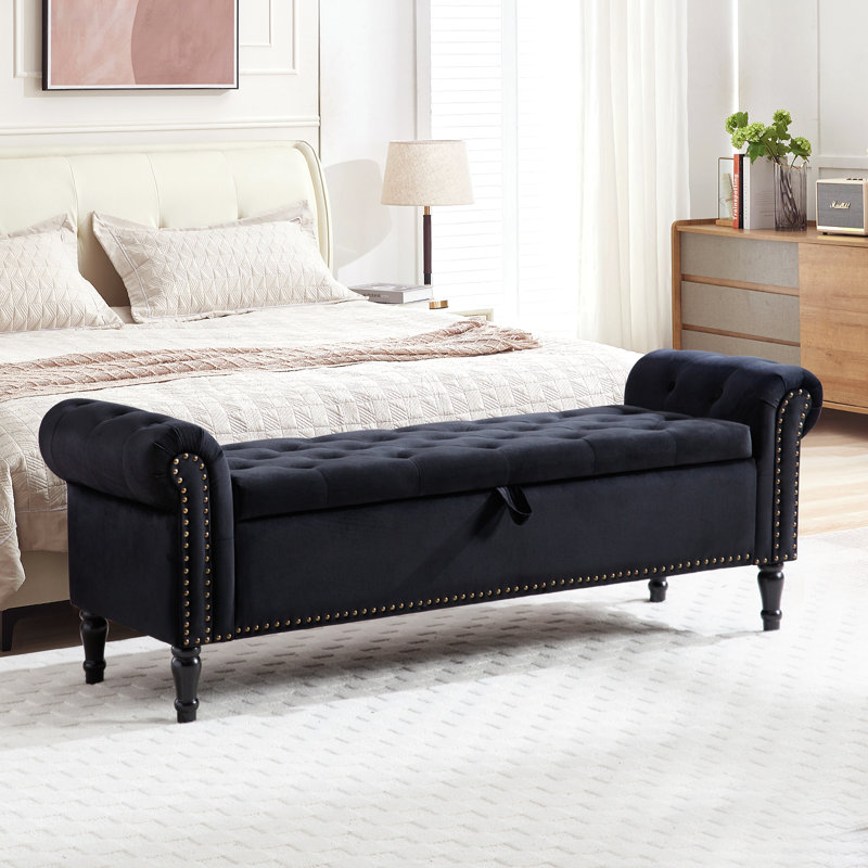 67'' Upholstered Velvet Storage Bench for Bedroom End with Button-Tufted Seat and Roll Arms, Black