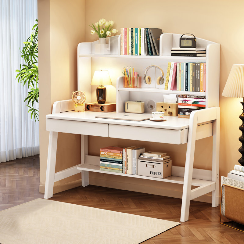 Kids Desk Rectangle Writing Desk Child Computer Learning Desk With Hutch, White