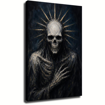 Tableau sur toile texturée sombre représentant un squelette gothique auréolé d'or pointu, décoration murale d'Halloween effrayante de style dark academia pour la maison