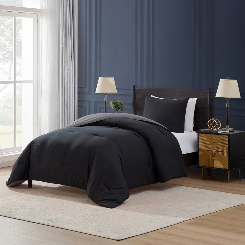 Modern Reversible 2 Piece Comforter Set, Black/Charcoal Gray, Twin Comforter + 1 Standard Sham