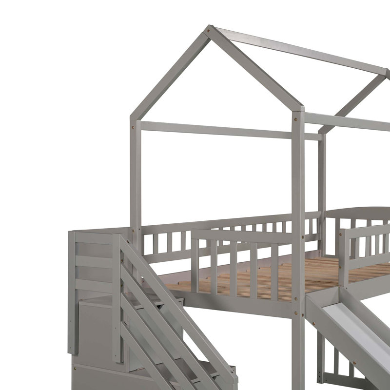 Loft Bed With 2 Drawers And Slide, House Bed With Slide, Grey