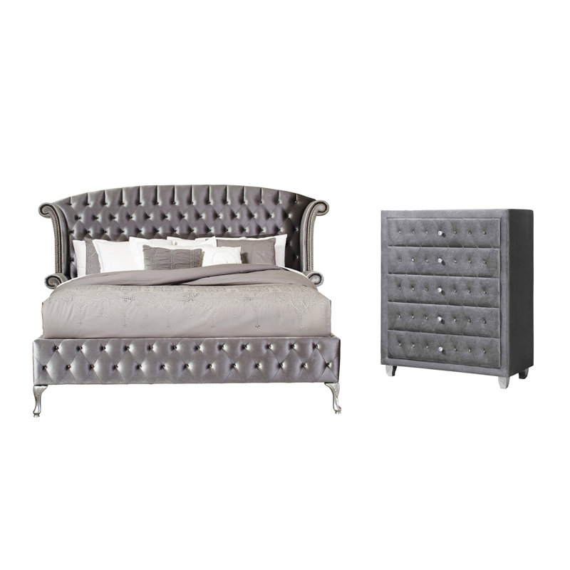Ensemble de chambre à coucher rembourrée 2 pièces avec commode Mikrut, Gris, Très grand